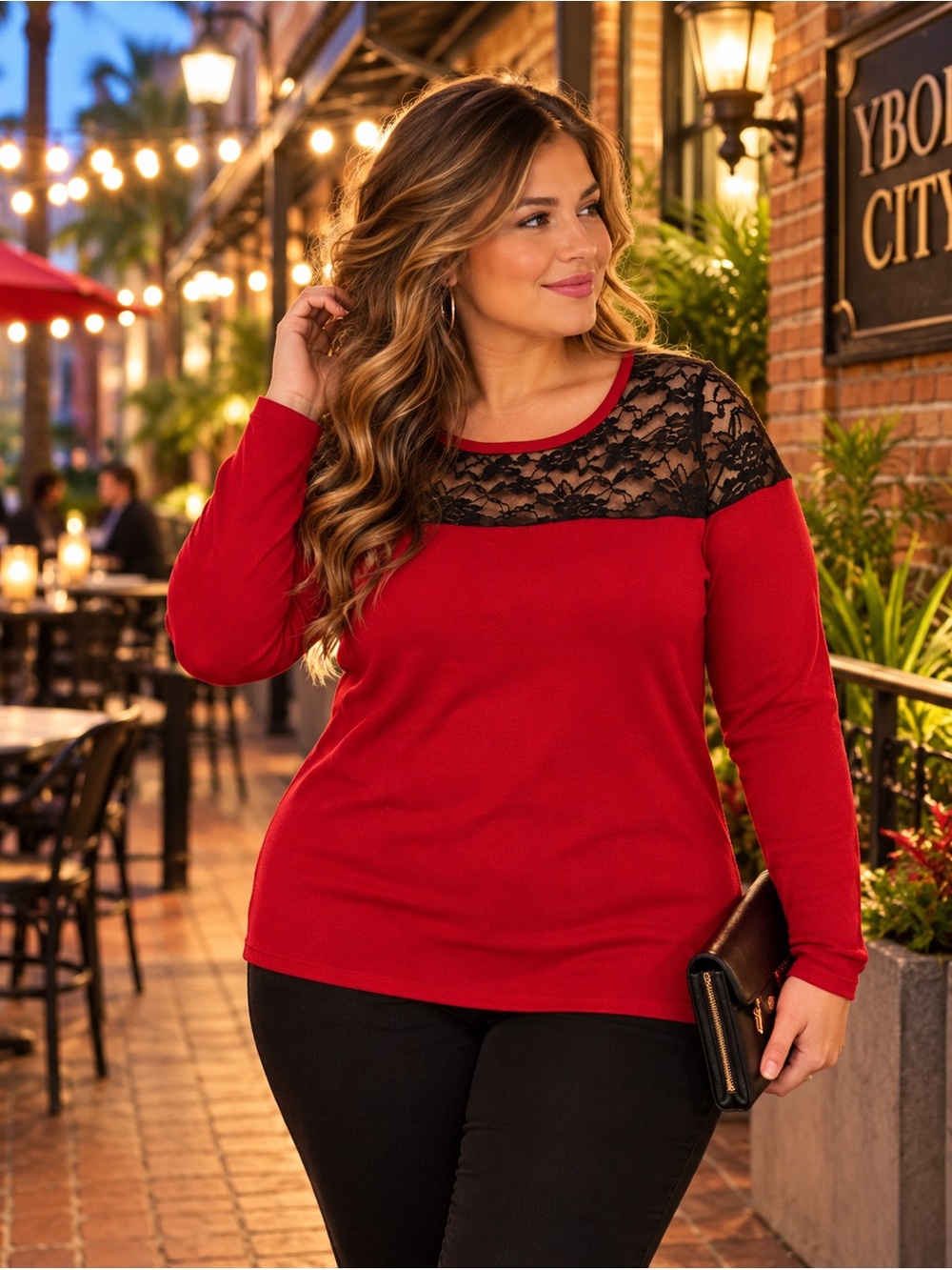 Torrid Red Black Lace Yoke Sweater Top Size 00 M 10 Long Sleeve Knit